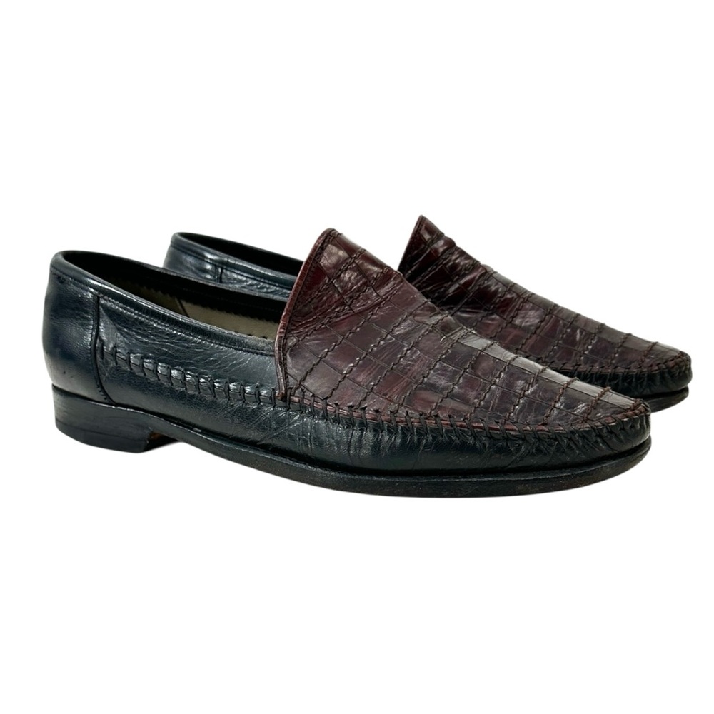 Lorenzo Banfi Black Brown Snakeskin Embossed Leather Slip On Dress Loafers Shoes